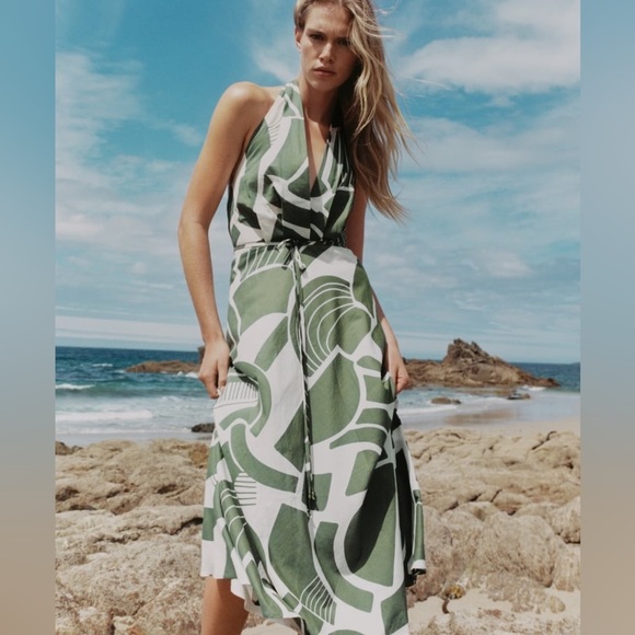 Zara Dresses & Skirts - Zara the Printed Halterneck Dress white Green Small
